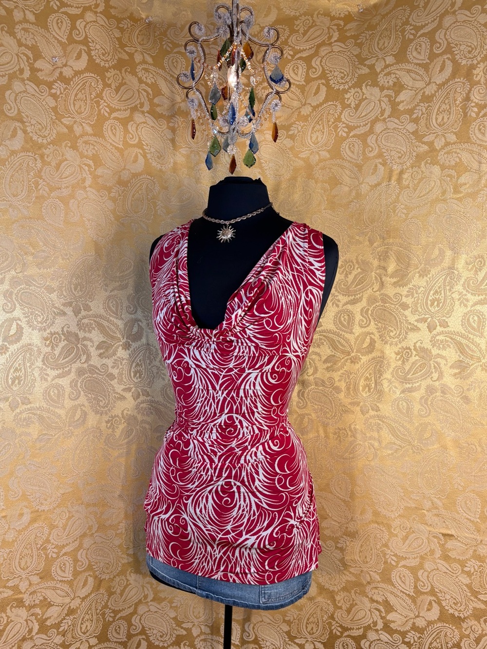 ✨Vintage Y2K Boho Cherries & Cream Swirl Ruched Cowl Neck Open Back Tank Top✨